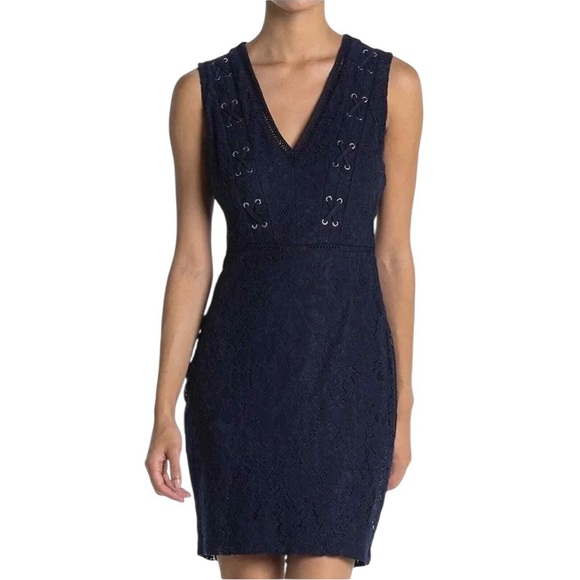 NWT GUESS Lace Sleeveless V-neck Lined Navy Blue Dress Size 8 - Picture 1 of 17